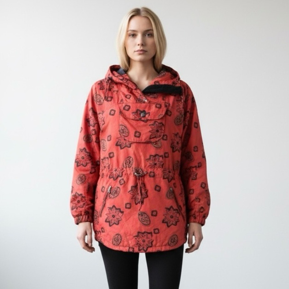 L.L. Bean Vintage Red and‎ Black Floral Pull-Over Windbreaker Hoodie Jacket